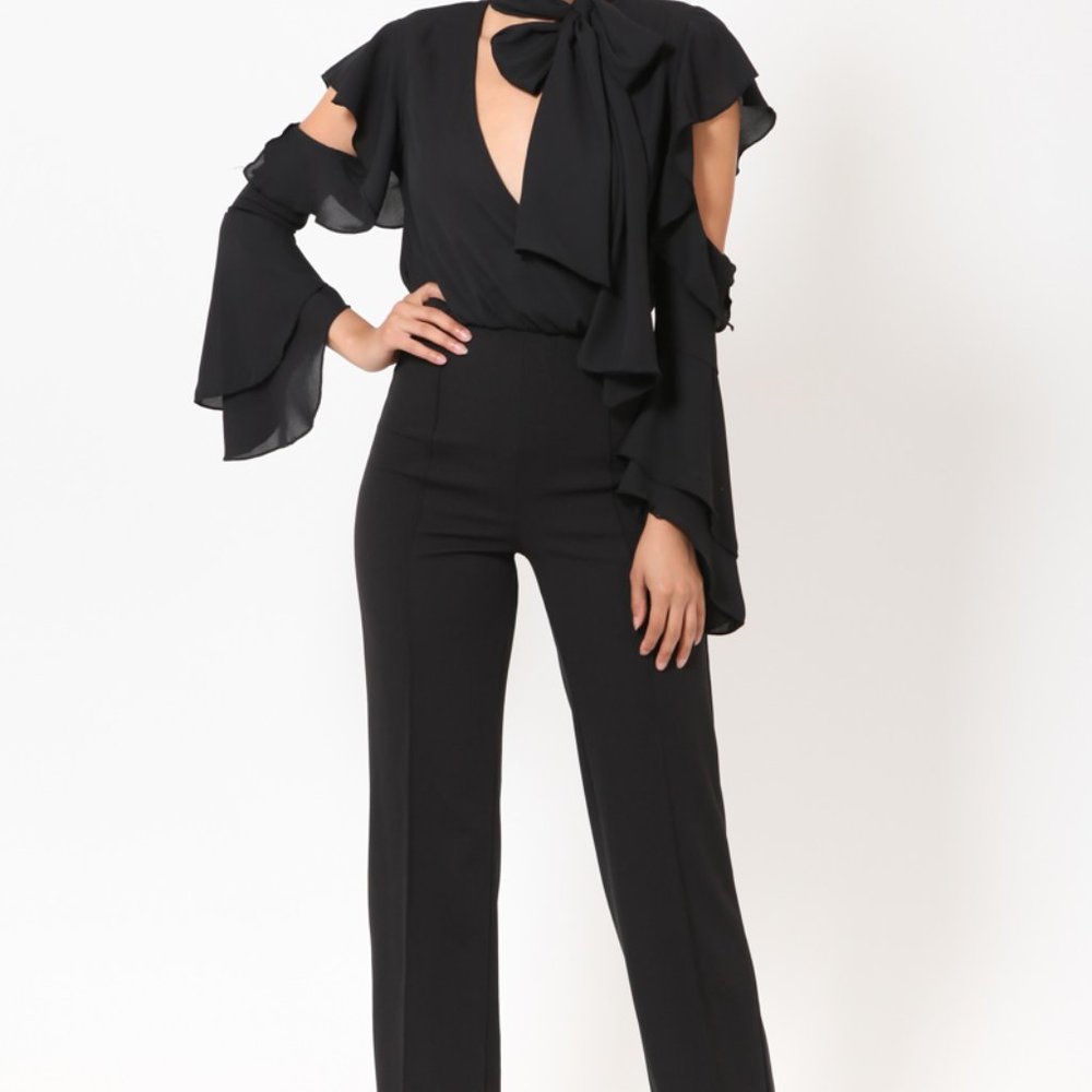 NWT Sexy Black Tuxedo Jumpsuit Cold Shoulder Small - Picture 6 of 9